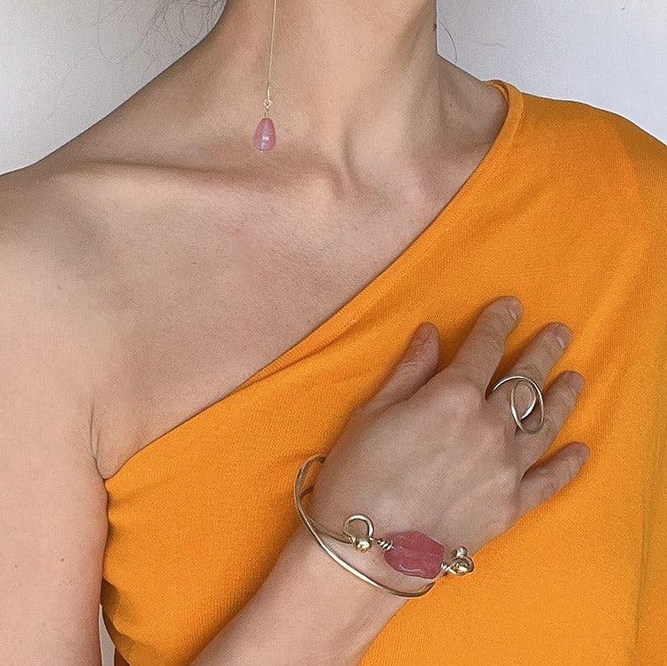 handmade of of a kind silver bracelet, ring and super long earring with pink quartz