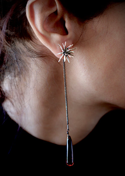 Sterling silver Beam stud earring with long chain and ruby quartz drop, asymmetrical sculptural statement jewelry worn on ear