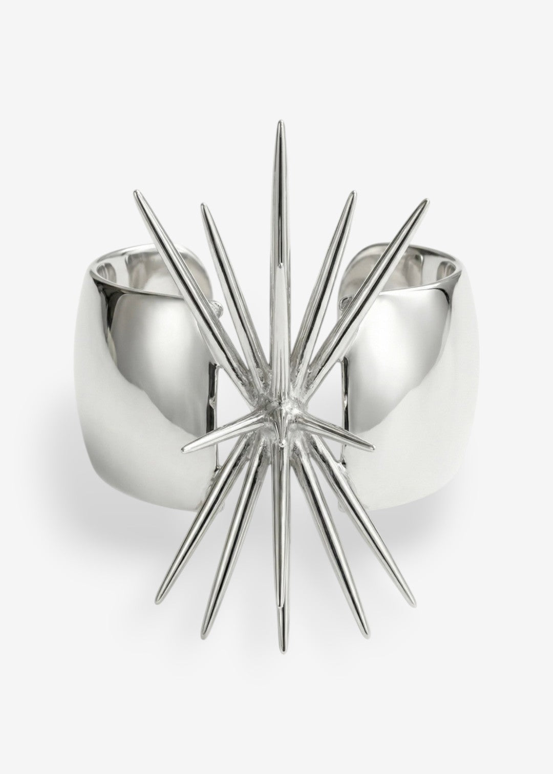 Sterling silver sculptural spike cuff bracelet Beam Collection wide band statement cuff isolated on white background