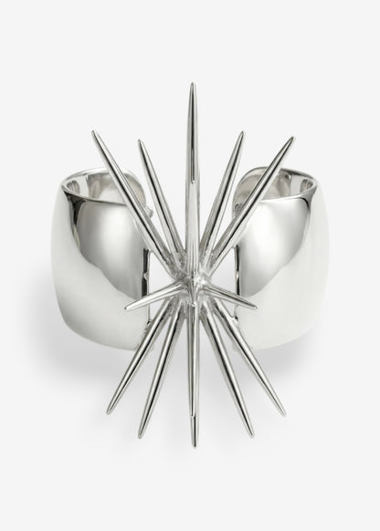 Sterling silver sculptural spike cuff bracelet Beam Collection wide band statement cuff isolated on white background