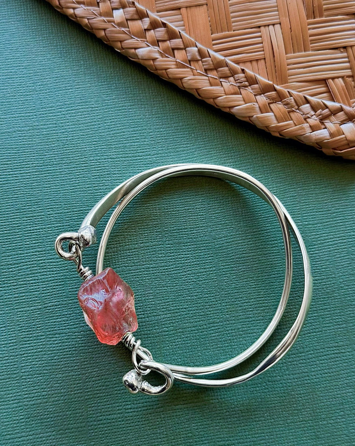 One of a kind silver bracelet with raw strawberry quartz