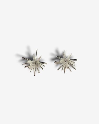 Handmade sterling silver Beam stud earrings by Ninimosi, sculptural spike design on white background