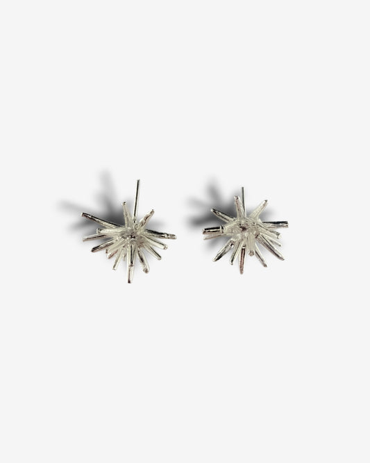 Handmade sterling silver Beam stud earrings by Ninimosi, sculptural spike design on white background