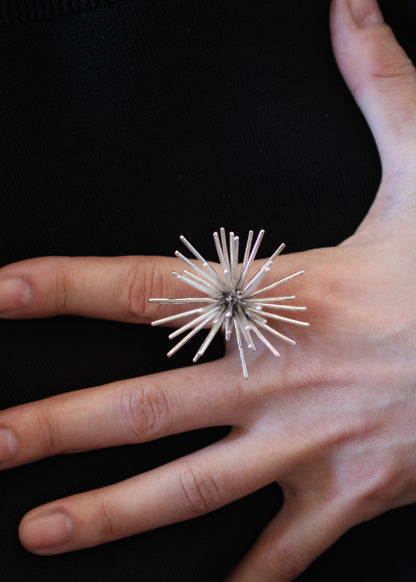 Handmade sterling silver Beam ring by Ninimosi worn on hand, sculptural spike design statement ring on black background